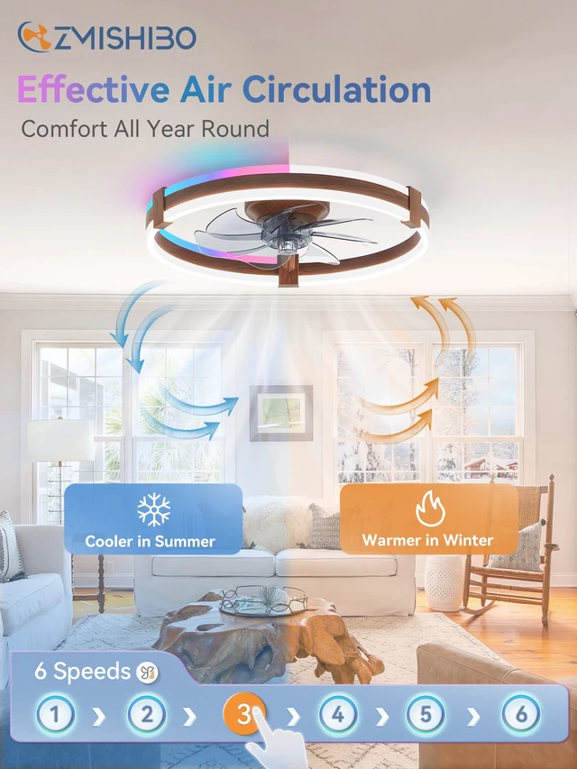 Alt view image 3 of 7 - 20" RGB Low Profile Ceiling Fans with Lights and Remote, Walnut Custom RGB+3CCT Dimmable, 6 Speeds, Remote/App Control, Reversible DC Motor, Memory, Timer, Modern Fandelier for Kids/Bedroom