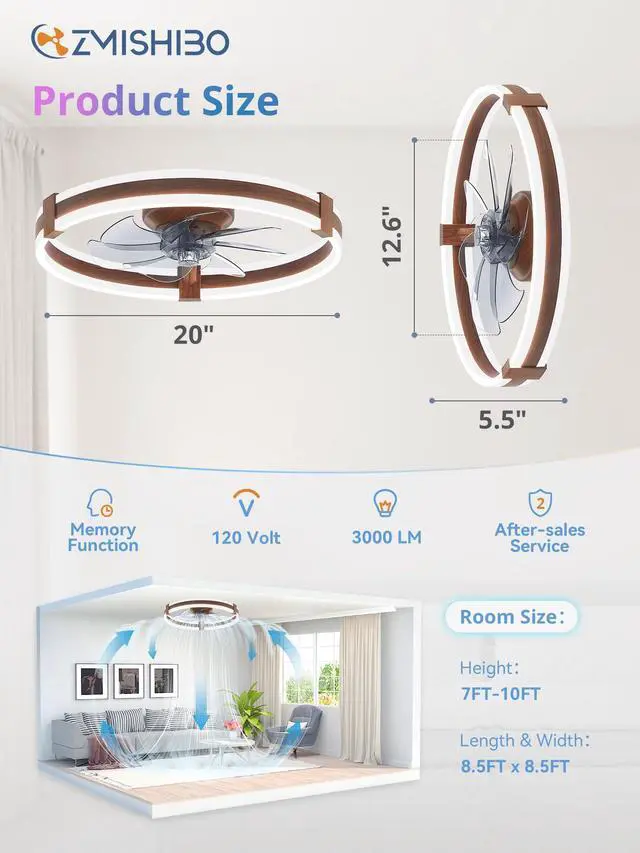 Alt view image 4 of 7 - 20" RGB Low Profile Ceiling Fans with Lights and Remote, Walnut Custom RGB+3CCT Dimmable, 6 Speeds, Remote/App Control, Reversible DC Motor, Memory, Timer, Modern Fandelier for Kids/Bedroom