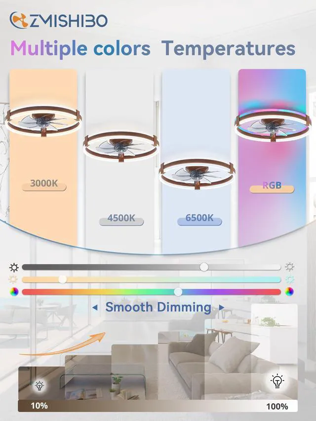 Alt view image 2 of 7 - 20" RGB Low Profile Ceiling Fans with Lights and Remote, Walnut Custom RGB+3CCT Dimmable, 6 Speeds, Remote/App Control, Reversible DC Motor, Memory, Timer, Modern Fandelier for Kids/Bedroom