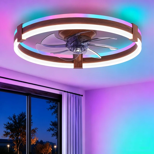 Main image of 20" RGB Low Profile Ceiling Fans with Lights and Remote, Walnut Custom RGB+3CCT Dimmable, 6 Speeds, Remote/App Control, Reversible DC Motor, Memory, Timer, Modern Fandelier for Kids/Bedroom