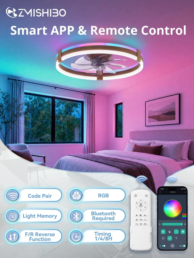 Alt view image 6 of 7 - 20" RGB Low Profile Ceiling Fans with Lights and Remote, Walnut Custom RGB+3CCT Dimmable, 6 Speeds, Remote/App Control, Reversible DC Motor, Memory, Timer, Modern Fandelier for Kids/Bedroom