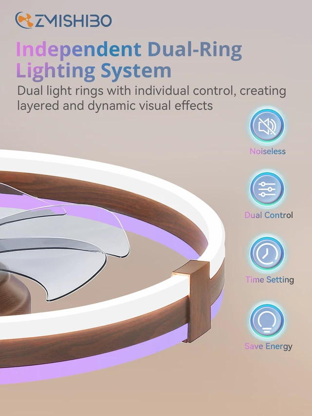 Alt view image 7 of 7 - 20" RGB Low Profile Ceiling Fans with Lights and Remote, Walnut Custom RGB+3CCT Dimmable, 6 Speeds, Remote/App Control, Reversible DC Motor, Memory, Timer, Modern Fandelier for Kids/Bedroom