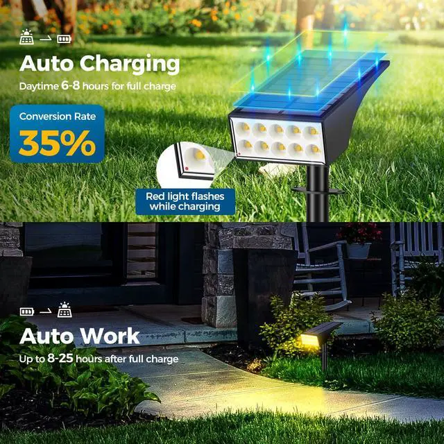 Alt view image 6 of 7 - Solar Spot Lights Outdoor, IP65 Solar Spotlights Warm White, 6 Pack IP65 Waterproof, Auto On/Off LED Powered Yard Garden Flood Solar Light for Outside Pathway Wall Tree Lawn Uplights Lights