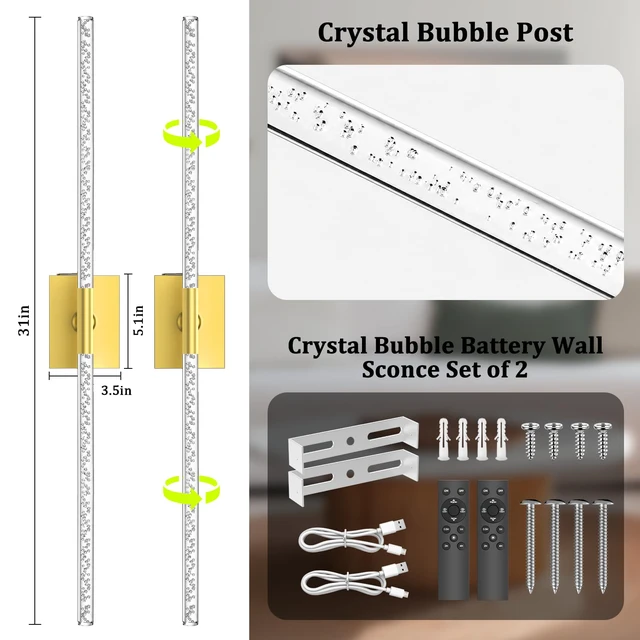 Alt view image 3 of 7 - Battery Operated Wall Sconces Set of 2, 10000mAh, Gold Bubble crystal inspired bubble wall lamp wireless, Remote control & 360° Rotate, for Bedroom Living Room Mirror Decor