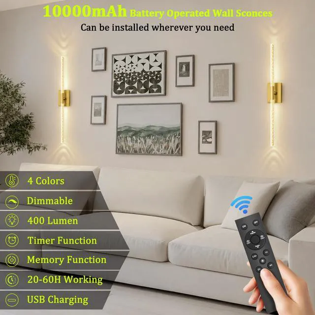 Alt view image 7 of 7 - Battery Operated Wall Sconces Set of 2, 10000mAh, Gold Bubble crystal inspired bubble wall lamp wireless, Remote control & 360° Rotate, for Bedroom Living Room Mirror Decor