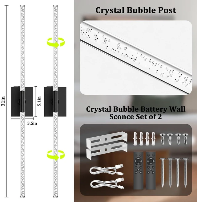 Alt view image 3 of 7 - Battery Operated Wall Sconces Set of 2, 10000mAh, Black Bubble wireless crystal wall lights rechargeable with Remote & 360° Rotate, 31.5" Wall Lamp for Bedroom Living Room Mirror