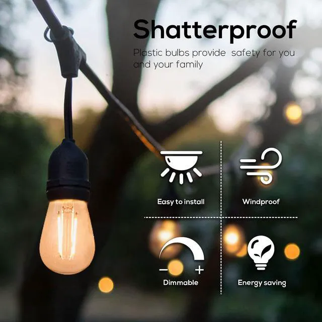Alt view image 4 of 5 - 60 Pack Dimmable 2W S14 Replacement LED Bulbs, 2700K Warm White Waterproof Outdoor String Lights Vintage LED Filament Bulb, Shatterproof E26 Screw Base Edison Light Bulbs