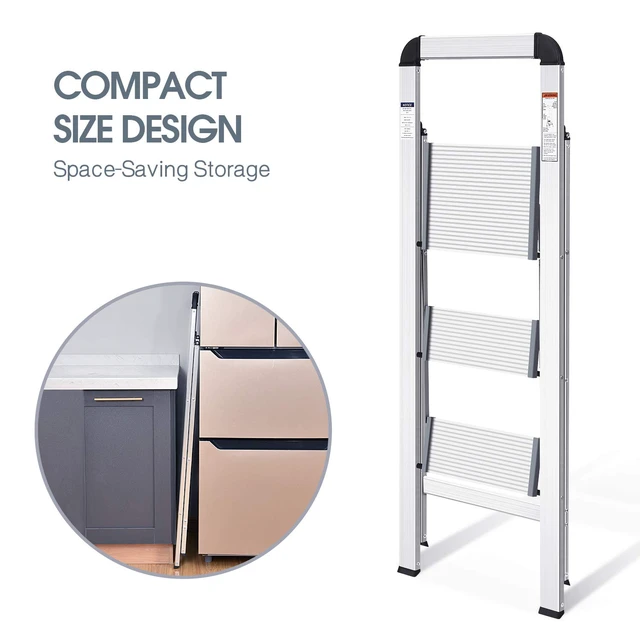 Alt view image 2 of 7 - Aluminium 3 Step Ladder, Lightweight Step Stool with Non-Slip Pedals, Handrail, 330 LBS Foldable Step Ladder for Kitchen, Garage, Home, Space Saving, Sturdy and Portable, Silver