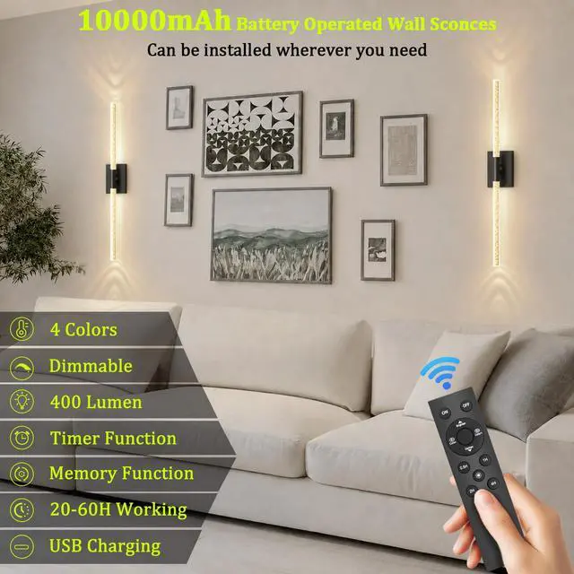 Alt view image 7 of 7 - Battery Operated Wall Sconces Set of 2, 10000mAh, Black Bubble wireless crystal wall lights rechargeable with Remote & 360° Rotate, 31.5" Wall Lamp for Bedroom Living Room Mirror