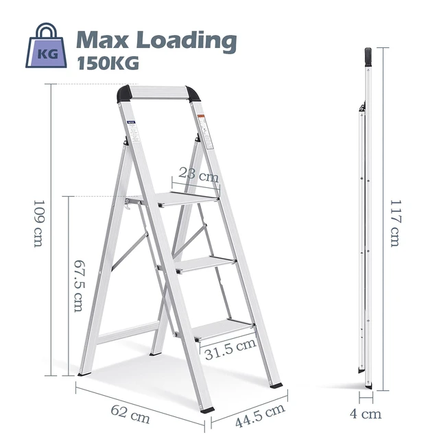 Alt view image 4 of 7 - Aluminium 3 Step Ladder, Lightweight Step Stool with Non-Slip Pedals, Handrail, 330 LBS Foldable Step Ladder for Kitchen, Garage, Home, Space Saving, Sturdy and Portable, Silver