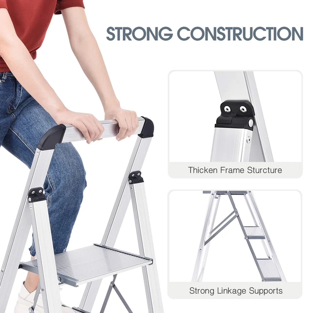 Alt view image 5 of 7 - Aluminium 3 Step Ladder, Lightweight Step Stool with Non-Slip Pedals, Handrail, 330 LBS Foldable Step Ladder for Kitchen, Garage, Home, Space Saving, Sturdy and Portable, Silver