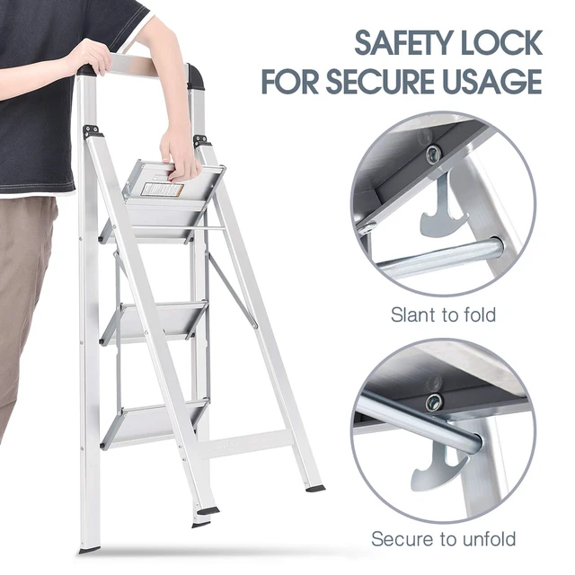 Alt view image 6 of 7 - Aluminium 3 Step Ladder, Lightweight Step Stool with Non-Slip Pedals, Handrail, 330 LBS Foldable Step Ladder for Kitchen, Garage, Home, Space Saving, Sturdy and Portable, Silver