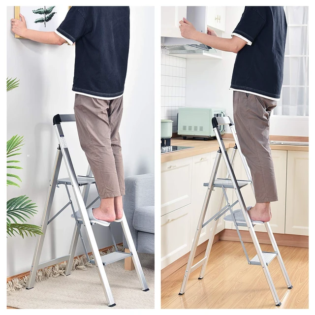 Alt view image 7 of 7 - Aluminium 3 Step Ladder, Lightweight Step Stool with Non-Slip Pedals, Handrail, 330 LBS Foldable Step Ladder for Kitchen, Garage, Home, Space Saving, Sturdy and Portable, Silver