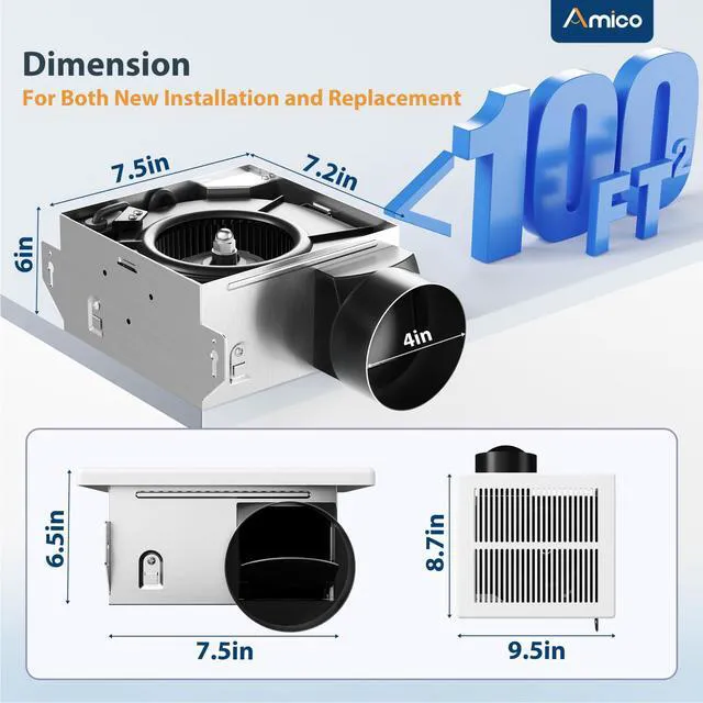 Alt view image 2 of 7 - Bathroom Exhaust Fan, 1.5 Sones, 110 CFM, No Attic Access Needed Low Noise, Ceiling Mounted Retrofit Ventilation Fans, 4 Inch Duct, 7.6''x7.3'' Ceiling Opening, Modern Grille, UL Certified