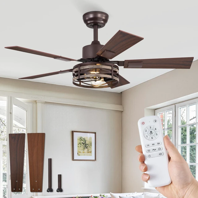 Main image of Farmhouse Ceiling Fan with Light & Remote, 42" Caged, DC Motor 6-Speed Adjustable, Quiet and Reversible, 5 Dual-Finish Blades, Rustic Design for Bedroom and Living Room, Oil Bronze