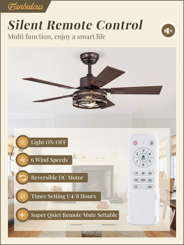 Alt view image 2 of 7 - Farmhouse Ceiling Fan with Light & Remote, 42" Caged, DC Motor 6-Speed Adjustable, Quiet and Reversible, 5 Dual-Finish Blades, Rustic Design for Bedroom and Living Room, Oil Bronze