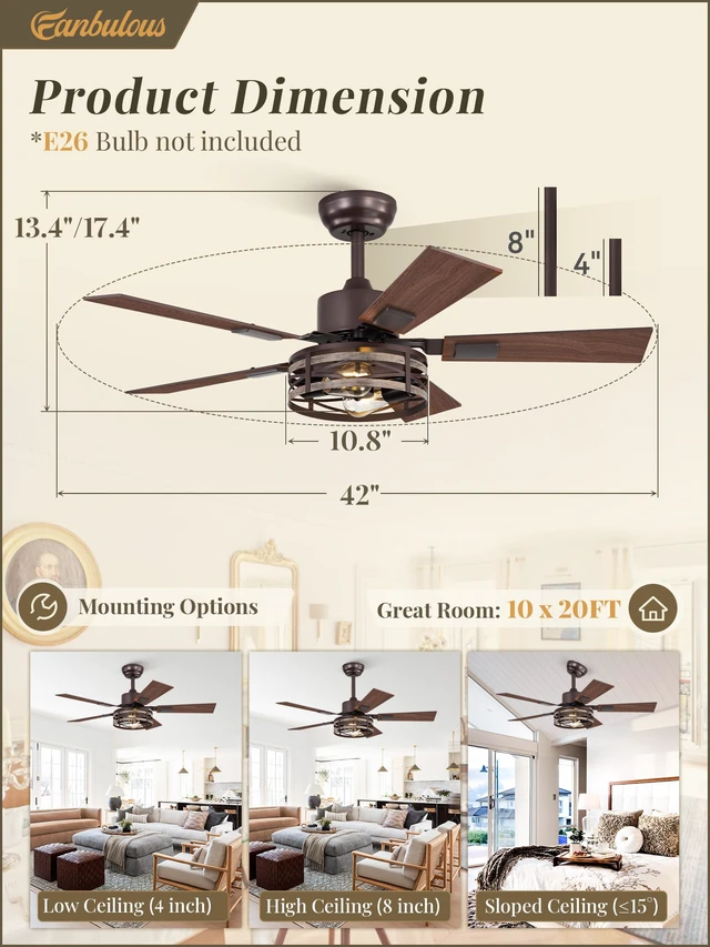 Alt view image 5 of 7 - Farmhouse Ceiling Fan with Light & Remote, 42" Caged, DC Motor 6-Speed Adjustable, Quiet and Reversible, 5 Dual-Finish Blades, Rustic Design for Bedroom and Living Room, Oil Bronze