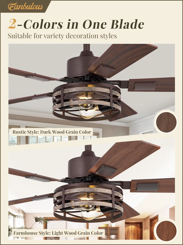 Alt view image 3 of 7 - Farmhouse Ceiling Fan with Light & Remote, 42" Caged, DC Motor 6-Speed Adjustable, Quiet and Reversible, 5 Dual-Finish Blades, Rustic Design for Bedroom and Living Room, Oil Bronze