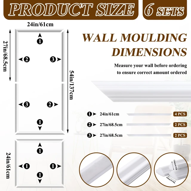 Alt view image 2 of 6 - 6set Peel and Stick Wall Molding Kit 3D Premade, 24x54in Accent Wall Moulding Kit, Wainscoting Panel, for Interior Decor, Ready to Assemble, Peel and Stick, Wainscoting Accent Panel