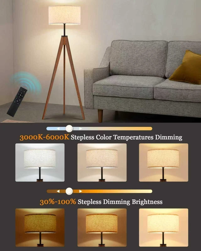 Alt view image 2 of 7 - Ash Wood Tripod Floor Lamp Stepless Dimmer & Color Temperature, Remote Control Mid Century Modern Coner Standing Lamp Linen Shade for Living Room Bedroom Office, LED Bulb Included, Walnut