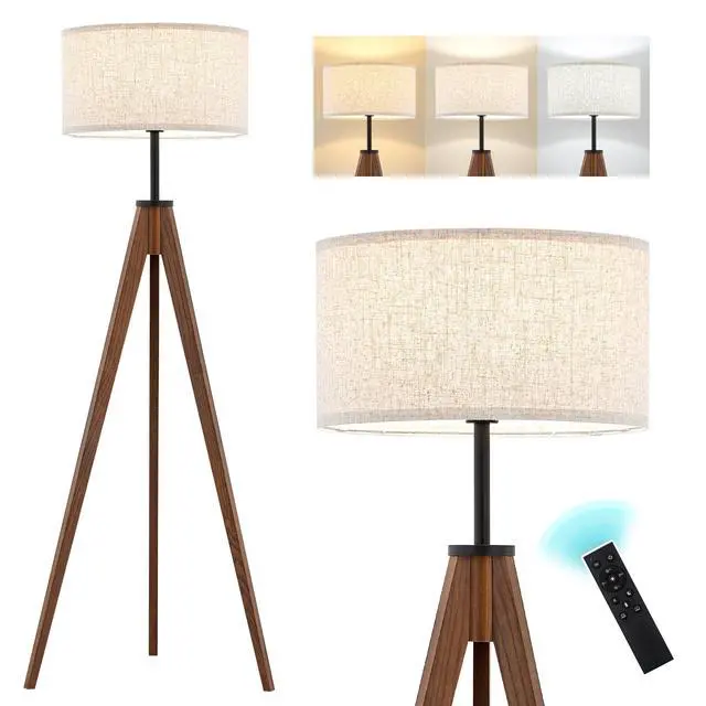 Main image of Ash Wood Tripod Floor Lamp Stepless Dimmer & Color Temperature, Remote Control Mid Century Modern Coner Standing Lamp Linen Shade for Living Room Bedroom Office, LED Bulb Included, Walnut