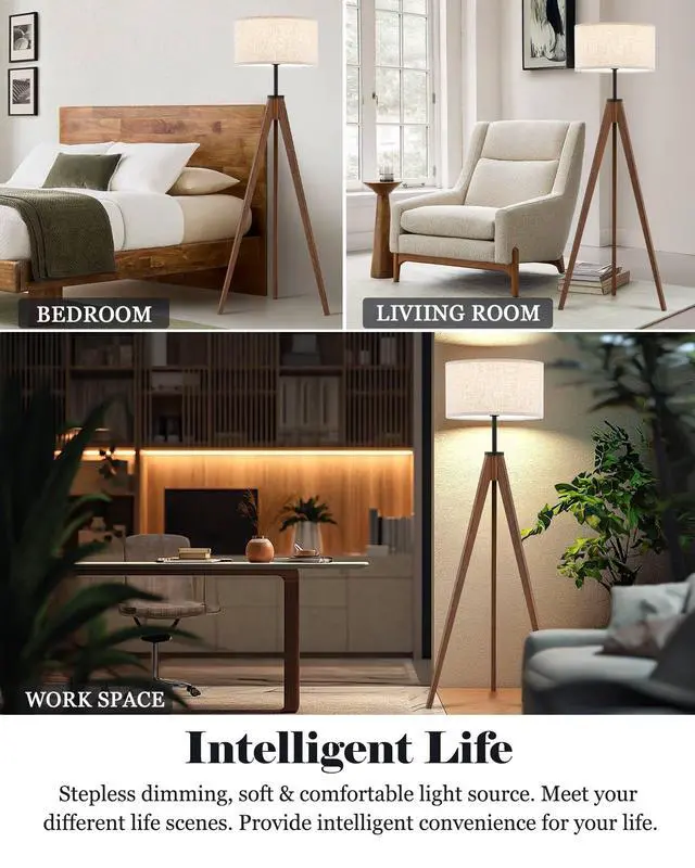 Alt view image 4 of 7 - Ash Wood Tripod Floor Lamp Stepless Dimmer & Color Temperature, Remote Control Mid Century Modern Coner Standing Lamp Linen Shade for Living Room Bedroom Office, LED Bulb Included, Walnut
