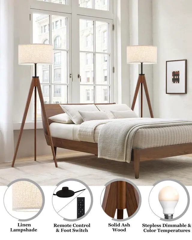 Alt view image 5 of 7 - Ash Wood Tripod Floor Lamp Stepless Dimmer & Color Temperature, Remote Control Mid Century Modern Coner Standing Lamp Linen Shade for Living Room Bedroom Office, LED Bulb Included, Walnut