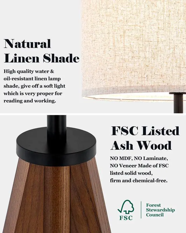 Alt view image 3 of 7 - Ash Wood Tripod Floor Lamp Stepless Dimmer & Color Temperature, Remote Control Mid Century Modern Coner Standing Lamp Linen Shade for Living Room Bedroom Office, LED Bulb Included, Walnut