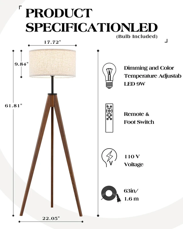 Alt view image 6 of 7 - Ash Wood Tripod Floor Lamp Stepless Dimmer & Color Temperature, Remote Control Mid Century Modern Coner Standing Lamp Linen Shade for Living Room Bedroom Office, LED Bulb Included, Walnut