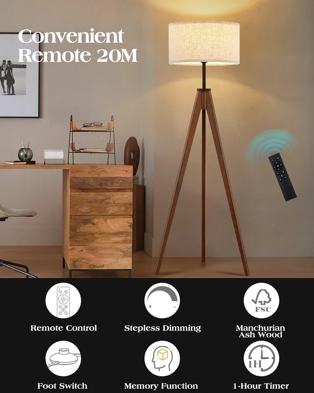 Alt view image 7 of 7 - Ash Wood Tripod Floor Lamp Stepless Dimmer & Color Temperature, Remote Control Mid Century Modern Coner Standing Lamp Linen Shade for Living Room Bedroom Office, LED Bulb Included, Walnut