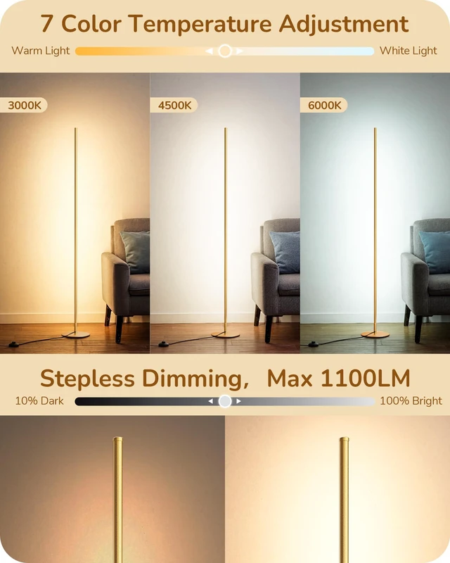 Alt view image 2 of 7 - 2 Pack 57.5 Corner Lamp with Remote, 7 CCT Adjustable & Dimmable 2700-6000K, Sturdy Base, LED Modern Floor Lamp for Bedroom, Living Room, Home Office, Gold