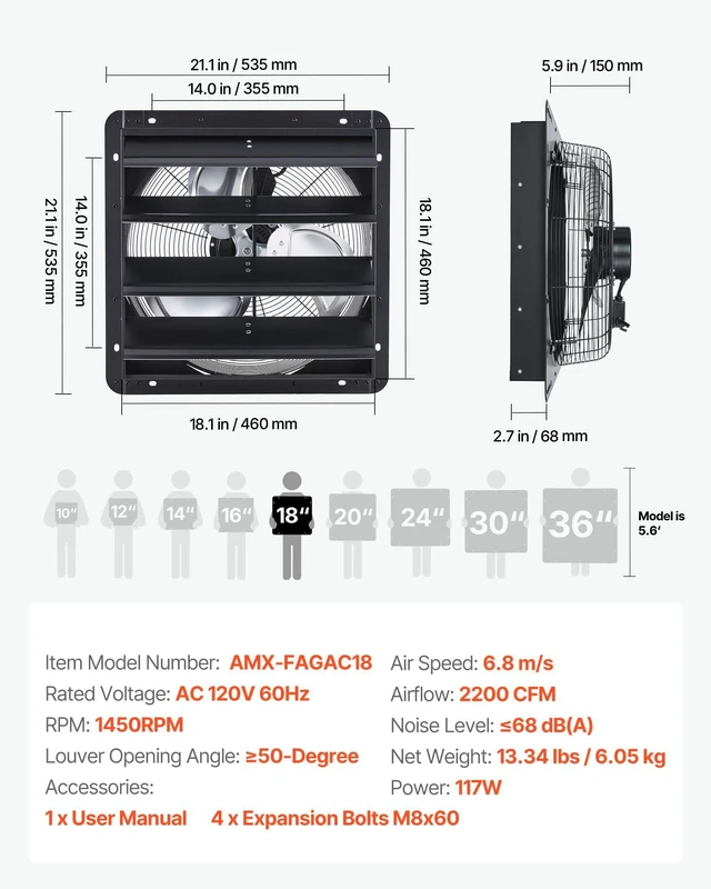 Alt view image 7 of 7 - 18 in Shutter Exhaust Fan Wall-Mount Automatic Louvers Variable Speed, Sturdy Steel Housing, Low Noise, AC Motor, 3051 CFM Ventilation and Cooling for Attic, Garage, Barn, Greenhouse, Workshop