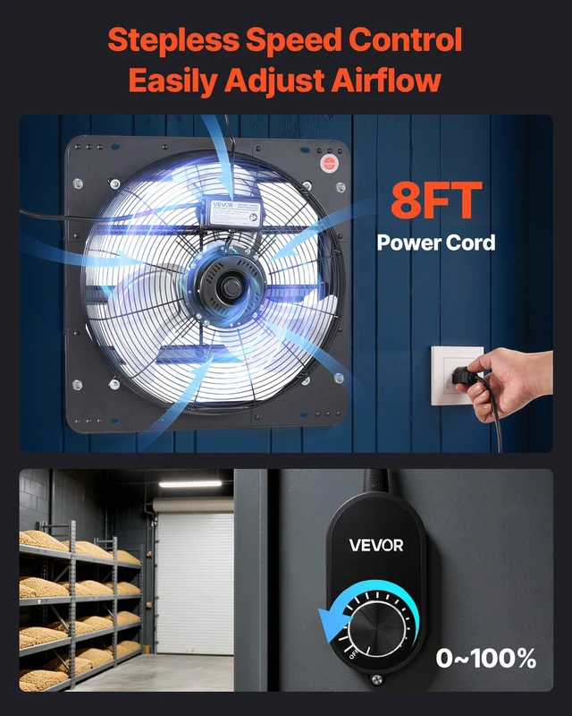 Alt view image 6 of 7 - 18 in Shutter Exhaust Fan Wall-Mount Automatic Louvers Variable Speed, Sturdy Steel Housing, Low Noise, AC Motor, 3051 CFM Ventilation and Cooling for Attic, Garage, Barn, Greenhouse, Workshop