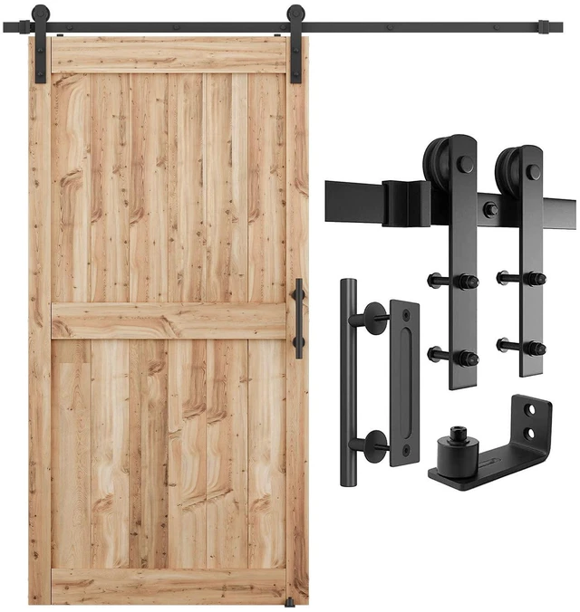 Main image of 7 FT Heavy Duty Sturdy Sliding Barn Door Hardware Kit, Black (Whole Set Includes 1x Pull Handle Set & 1x Floor Guide) Fit 40''-42" Wide Door Panel (I Shape Hanger)