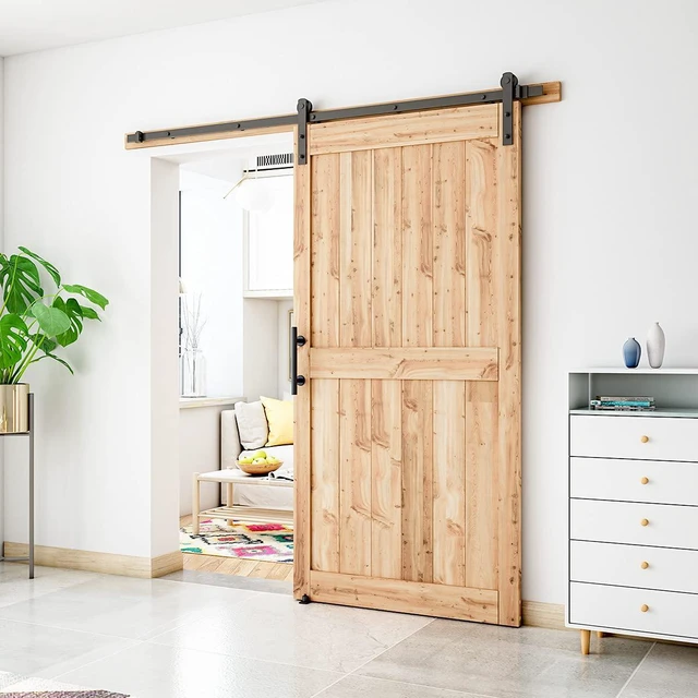 Alt view image 2 of 6 - 7 FT Heavy Duty Sturdy Sliding Barn Door Hardware Kit, Black (Whole Set Includes 1x Pull Handle Set & 1x Floor Guide) Fit 40''-42" Wide Door Panel (I Shape Hanger)