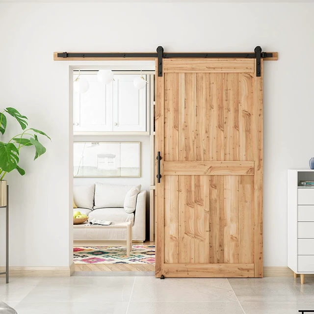 Alt view image 5 of 6 - 7 FT Heavy Duty Sturdy Sliding Barn Door Hardware Kit, Black (Whole Set Includes 1x Pull Handle Set & 1x Floor Guide) Fit 40''-42" Wide Door Panel (I Shape Hanger)