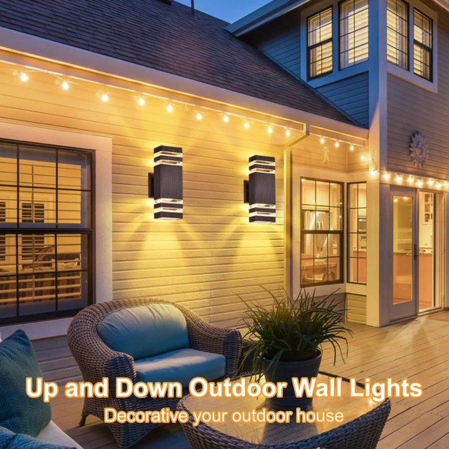 Alt view image 2 of 6 - 4 Pack Outdoor Wall Lights, Brown Exterior Lighting Fixtures Wall Mount, 2-Layer Modern Outdside Lights for House, Up and Down Outdoor Sconce Lights for Porch Patio Garage