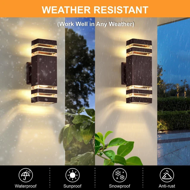 Alt view image 3 of 6 - 4 Pack Outdoor Wall Lights, Brown Exterior Lighting Fixtures Wall Mount, 2-Layer Modern Outdside Lights for House, Up and Down Outdoor Sconce Lights for Porch Patio Garage