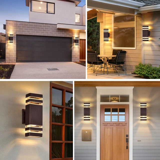 Alt view image 6 of 6 - 4 Pack Outdoor Wall Lights, Brown Exterior Lighting Fixtures Wall Mount, 2-Layer Modern Outdside Lights for House, Up and Down Outdoor Sconce Lights for Porch Patio Garage