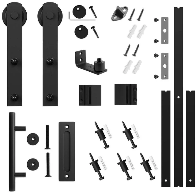 Alt view image 6 of 6 - 7 FT Heavy Duty Sturdy Sliding Barn Door Hardware Kit, Black (Whole Set Includes 1x Pull Handle Set & 1x Floor Guide) Fit 40''-42" Wide Door Panel (I Shape Hanger)