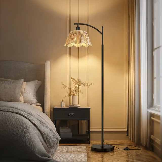 Alt view image 2 of 7 - Boho Rattan Floor Lamp for Living Room, Farmhouse Standing Lamp with Hand-Woven Shade, Black Metal Base & Pole, Foot Switch - Corner Reading Lamp for Bedroom