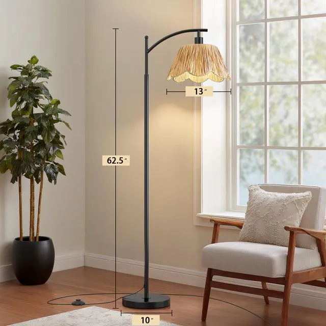 Alt view image 3 of 7 - Boho Rattan Floor Lamp for Living Room, Farmhouse Standing Lamp with Hand-Woven Shade, Black Metal Base & Pole, Foot Switch - Corner Reading Lamp for Bedroom