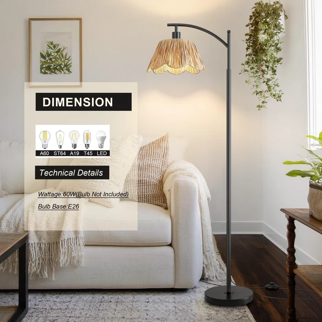 Alt view image 5 of 7 - Boho Rattan Floor Lamp for Living Room, Farmhouse Standing Lamp with Hand-Woven Shade, Black Metal Base & Pole, Foot Switch - Corner Reading Lamp for Bedroom