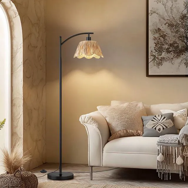 Alt view image 4 of 7 - Boho Rattan Floor Lamp for Living Room, Farmhouse Standing Lamp with Hand-Woven Shade, Black Metal Base & Pole, Foot Switch - Corner Reading Lamp for Bedroom