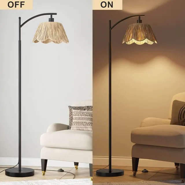 Alt view image 6 of 7 - Boho Rattan Floor Lamp for Living Room, Farmhouse Standing Lamp with Hand-Woven Shade, Black Metal Base & Pole, Foot Switch - Corner Reading Lamp for Bedroom