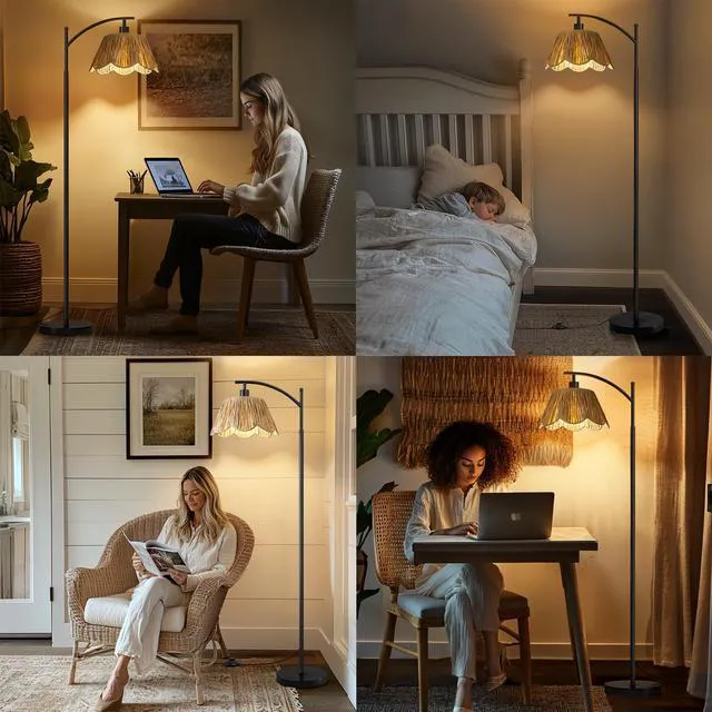 Alt view image 7 of 7 - Boho Rattan Floor Lamp for Living Room, Farmhouse Standing Lamp with Hand-Woven Shade, Black Metal Base & Pole, Foot Switch - Corner Reading Lamp for Bedroom