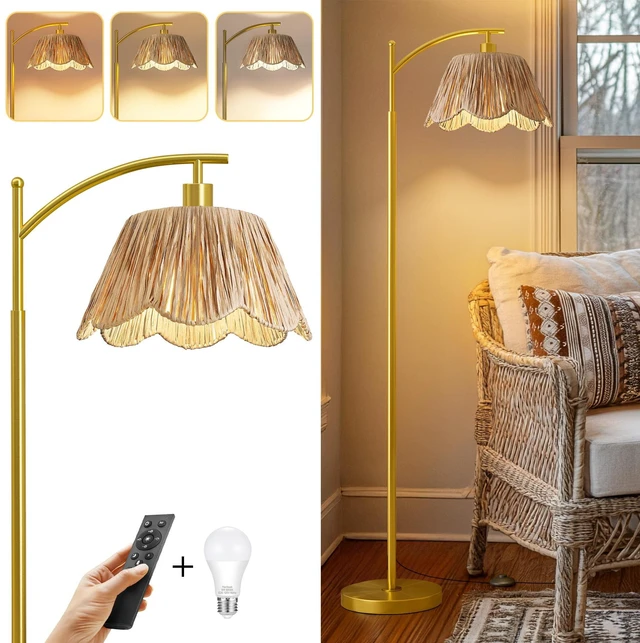 Main image of Boho Floor Lamp with 3 Color Temperatures, Farmhouse Floor Lamps for Living Room with Remote & Dimmable Bulb, Rattan Floor Lamp for Bedroom, Gold