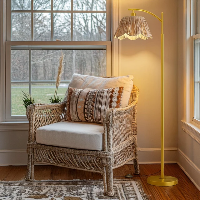 Alt view image 2 of 7 - Boho Floor Lamp with 3 Color Temperatures, Farmhouse Floor Lamps for Living Room with Remote & Dimmable Bulb, Rattan Floor Lamp for Bedroom, Gold