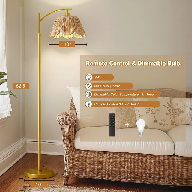 Alt view image 3 of 7 - Boho Floor Lamp with 3 Color Temperatures, Farmhouse Floor Lamps for Living Room with Remote & Dimmable Bulb, Rattan Floor Lamp for Bedroom, Gold