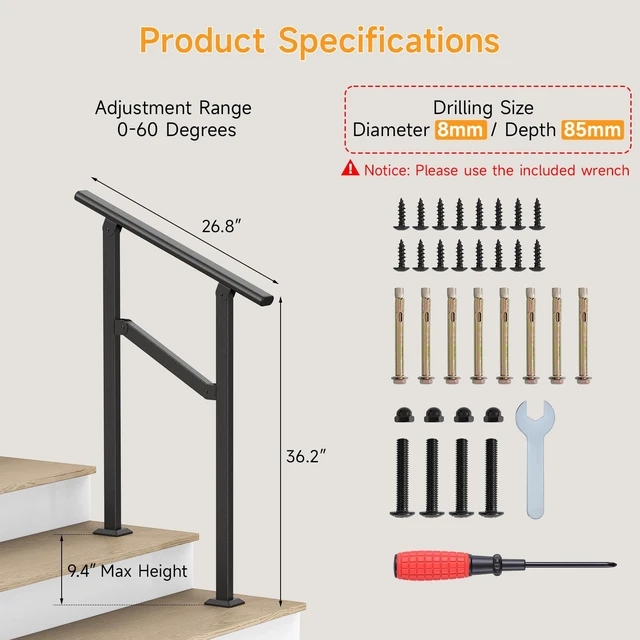 Alt view image 2 of 7 - Hand Rails for Outdoor Steps 2-5 Steps Wrought Iron Handrails Stair Railing for Porch, Home, Garden, Indoor, Staircase Handrails for Wooden, Cement, Brick, Marble (2 Steps)